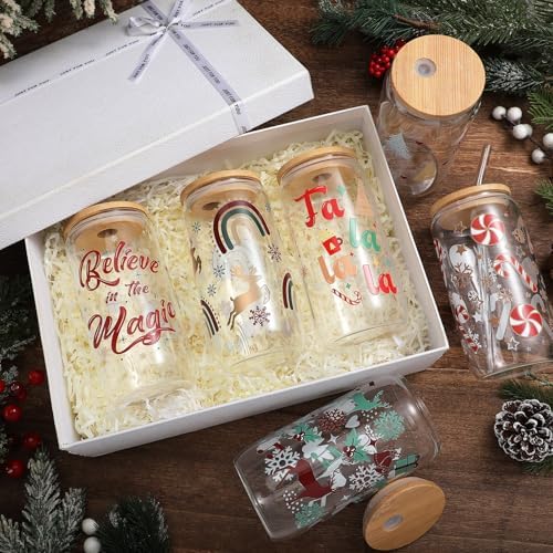 SiliFine 6 Pcs Christmas Glass Cups, 16 oz with Lids and Straws - Image 6