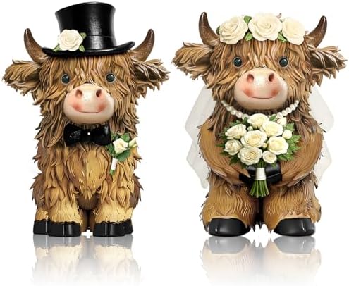 2 Pack Resin Highland Cow Figurine Decor, Wedding Theme Gifts by Burbell