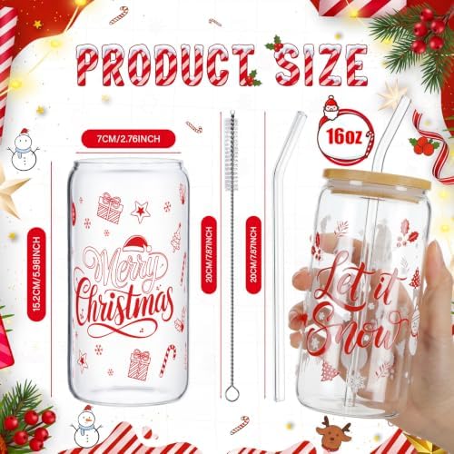 Vesici 6 Set Christmas Glasses Cups 16 oz Xmas Drink Cup with Lid Straw and Stopper Can Shaped Beer Tumbler Xmas Appreciation Gifts with Cards and Bow for Women Birthday Party Favor(Classic Christmas) - Image 3