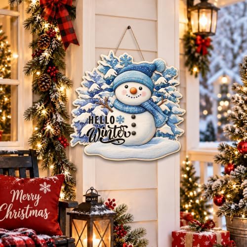 Christmas Snowman Decorations Hello Winter Hanging Wooden Door Sign - Image 4