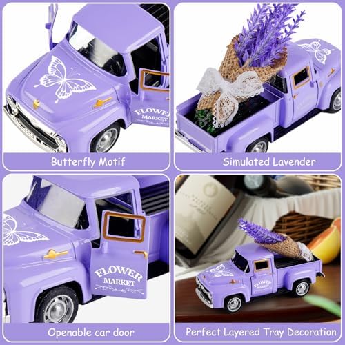 Lavender Truck Decor with Flowers, Purple Floral Pickup Truck with Butterfly, Rustic Farmhouse Tabletop Centerpiece, Spring Country Home Office Kitchen Tiered Tray Decor - Image 4
