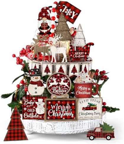 Shellwei 21 Pcs Christmas Tiered Tray Decor Set Plaid Christmas Table Sign by Shellwei
