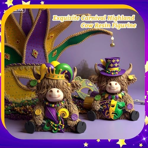 2 Pack Mardi Gras Highland Cow Figurines Mardi Gras Gifts - Image 2