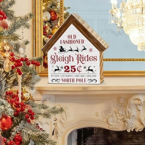 Rustic Christmas Sleigh Decor, Sleigh Rides House Shaped Wooden Sign - Image 4