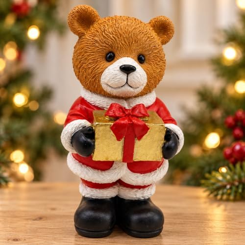 Christmas Teddy Bear Resin Figurine with Gold Present 5.1'' Holiday Decor by iStatue