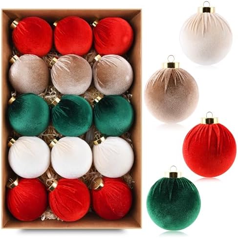 Velvet Christmas Balls Ornaments for Tree - 15pcs Shatterproof Christmas Ornaments for Xmas Trees Decorations - Multicolor Red Green Brown Beige, 80mm 3.15inch by GraduationDecorations2023