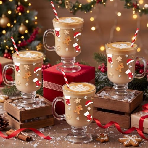 Sliner Set of 12 Christmas Glass Coffee Mugs with Handle 8 oz Clear Irish Coffee Mugs Footed Irish Glasses Xmas Glasses Winter Holiday Cups for Beverages Latte Hot Chocolate - Image 4