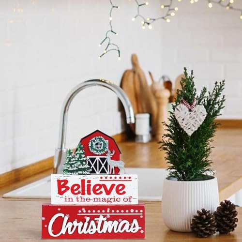 MEETYAMOR Christmas Decor, Large Size 3-Layered Wood Block with in the magic of believe Sign Christmas Table Decor, Farmhouse Rustic Xmas Decorations Indoor for Home, Mantle, Shelf, Living Room - Image 6