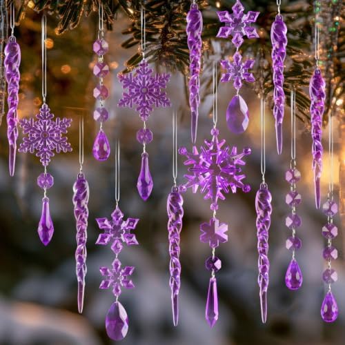18pcs Crystal Christmas Ornaments for Christmas Tree Decorations-Purple Hanging Acrylic Snowflake and Icicle Ornaments with Drop Pendants for New Year Party Decorations Supplies by OuMuaMua
