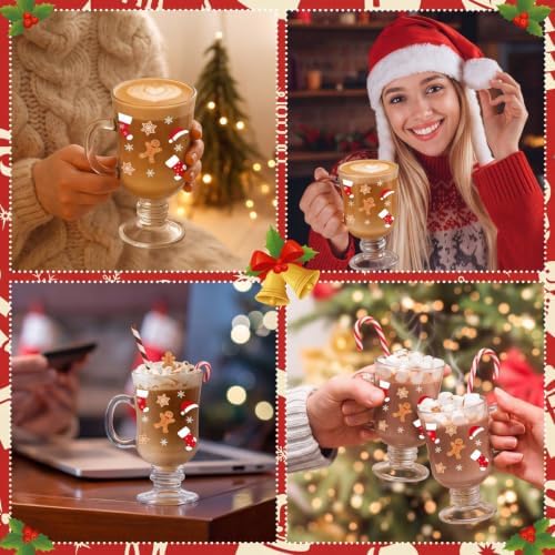 Sliner Set of 12 Christmas Glass Coffee Mugs with Handle 8 oz Clear Irish Coffee Mugs Footed Irish Glasses Xmas Glasses Winter Holiday Cups for Beverages Latte Hot Chocolate - Image 5
