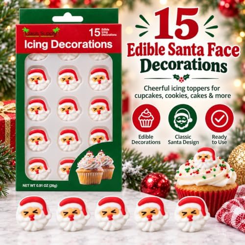 Oasis Supply Christmas Santa Face Edible Icing Decorations – 15 Count – Holiday Cake & Cupcake Toppers for Cookies, Cakes, Cupcakes & Desserts - Image 6