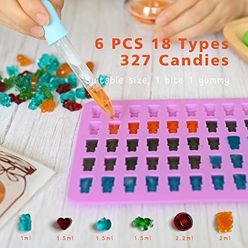 Gummy Bear Molds Silicone 32PCS, Non-stick Chocolate Candy Mold 18 Shapes for 327 Candies, With 4 Droppers, Clean Brush, Storage Box, 20 Wrappers, Including Dinosaur Mini Donut Fruit Animals Shaped - Image 2
