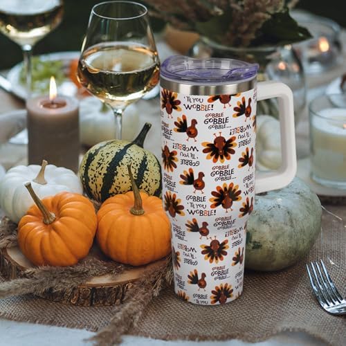 Thanksgiving Tumbler with Handle and Straw Lid 40 oz,Cute Gobble till you Wobble Turkey Gifts for Women Vacuum Insulated Leak Proof Tumbler,Winter Holiday Accessories Stainless Steel Coffee Cup Mug - Image 2