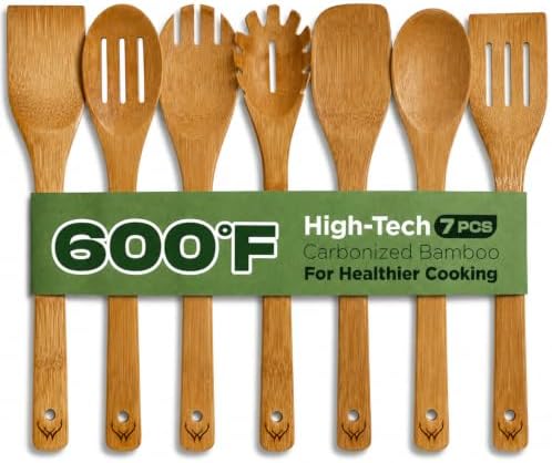 Prime Bamboo Wooden Spoons for Cooking Set of 7 Pcs – Wooden Cooking Utensils with Long Handle, Includes Flat Wood Spoon, Bamboo Spatula, and Slotted Spoon for Kitchen Utensils Set by WOODLANDSUSA