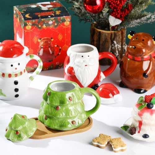 Baderke 4 Set Christmas Mugs with Lid 14 oz Santa Snowman Reindeer Tree - Image 4