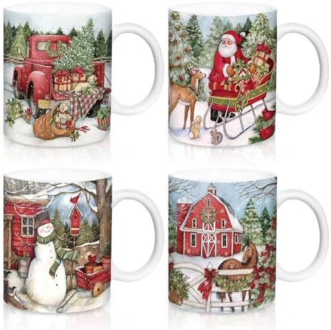 Whaline 4Pcs Vintage Christmas Mug Set 12oz Santa Snowman Coffee Mug Ceramic Xmas Winter Party Cups for Home School Office Housewarming Gift by Whaline