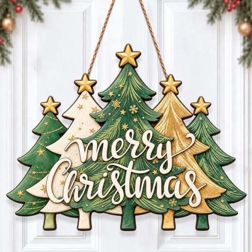 Christmas Decorations Green Gold Christmas Tree Merry Christmas Wood Sign by GUDIO