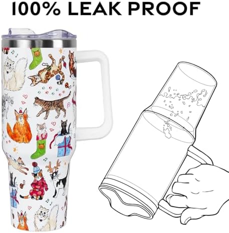 Christmas Tumbler with Handle and Straw Lid 40 oz,Cute Merry Xmas Cat Lovers Gifts for Women Vacuum Insulated Leak Proof Tumbler,Winter Holiday Accessories Stainless Steel Coffee Cup Mug - Image 4