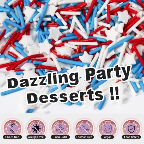 HUEBEATY 6-in-1 Patriotic 4th of July Sprinkles – 180g Red White and Blue Sprinkles Mix with Silver Star Confetti, Jimmies, Nonpareils & Sugar Sprinkles for Cake, Cupcakes, Cookies & Ice Cream Decorating and Baking - Image 4