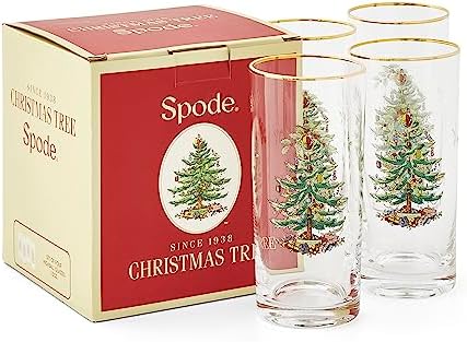 Spode Christmas Tree 15oz Highball Glasses, Set of 4 - Gold-Rimmed Elegant Holiday-Themed Glassware, Festive Holiday Drinkware for Christmas Parties, New Year’s Toasts & Festive Occasions - Image 2