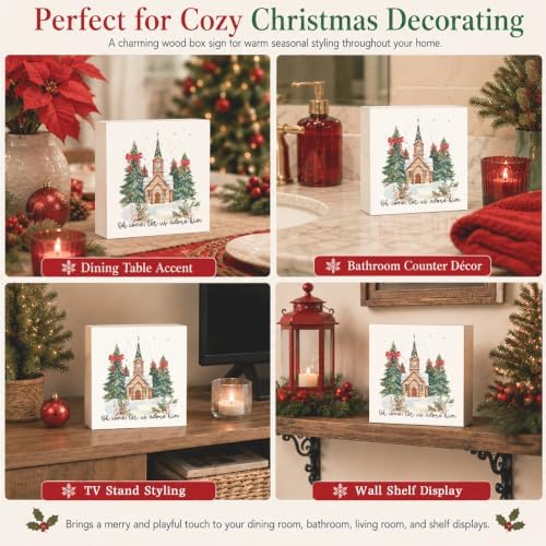Christmas Decorations, Christian Christmas Decorations Indoor, Coquette Bow Xmas Tree Church Sign Gift for Women Friends, Rustic Wooden Box Sign for Home Office Bedroom Desk Decor 5x5 Inches - Image 5