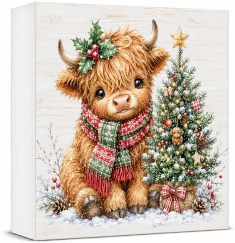 Highland Cow Christmas Decor, Cute Christmas Tree Decor Wooden Box Sign by Unknown