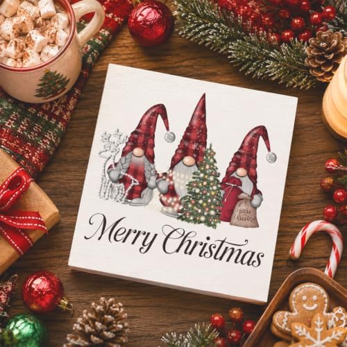 Christmas Decorations, Christmas Gnomes Decorations Indoor, Red Glitter Xmas Tree Sign Gift for Women Friends, Rustic Wooden Box Sign for Home Shelf Office Bedroom Desk Decor 5x5 Inches - Image 4