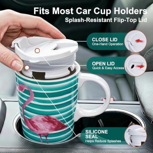 Topadorn 17oz Ceramic Travel Mug with Lid, Flamingo Coffee Mug with Handle - Image 5