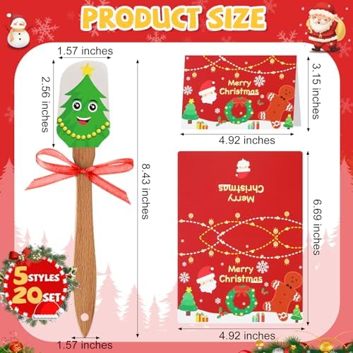 Newtay 20 Sets Christmas Silicone Spatula Cake Spatula Bulk Cooking Scraper with Wooden Handle Xmas Greeting Card Ribbon for Christmas Decoration Holiday Gifts Kitchen Party Favors (Cute Style) - Image 2