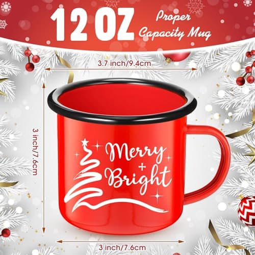 Yaomiao 6 Pack Christmas Enamel Mugs 12 Oz Cups,Merry Bright,Red - Image 3