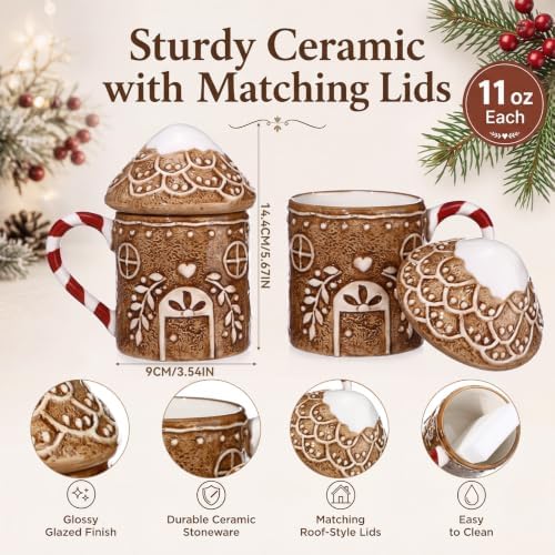 Potchen 2 Pcs Christmas Ceramic Gingerbread House Mugs with Lids - Image 2