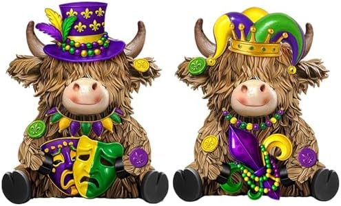 2 Pack Mardi Gras Highland Cow Figurines Mardi Gras Gifts by Burbell