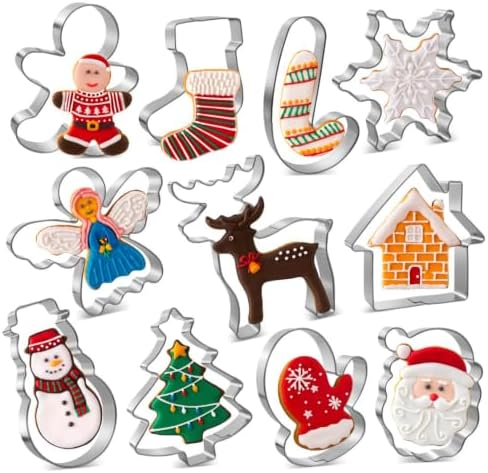 Christmas Cookie Cutters Set, HUINF 11Pcs Cookie Cutters Variety Pack - Gingerbread Men, Christmas Tree, Snowflake, House, Candy Cane, Santa Face, Reindeer and More for Christmas Winter Holiday by HUINF