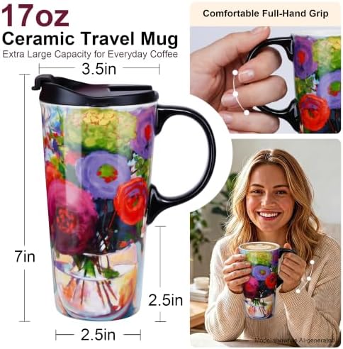 Topadorn 17oz Ceramic Travel Mug with Lid, Floral Coffee Mug with Gift Box - Image 2