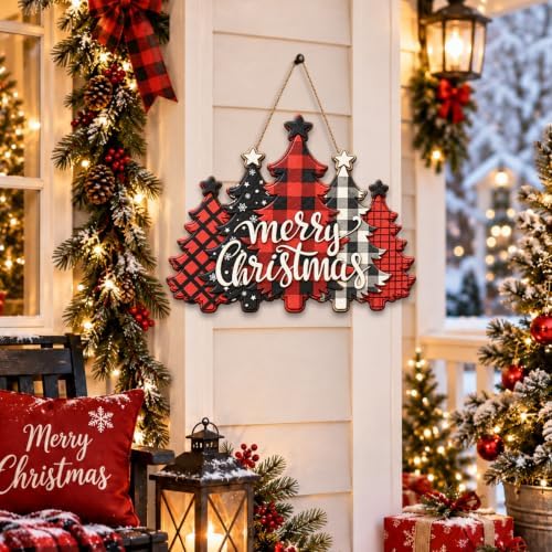 Christmas Decorations Buffalo Plaid Christmas Tree Hanging Wooden Sign - Image 4