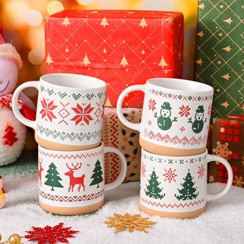 YHRJWN Christmas Mugs Set of 4, Christmas Mugs with Xmas Tree, Snowman, Snowflake, Reindeer Design Pixel Print, Xmas Coffee Mugs for Family Friends, 12 Oz - Image 5