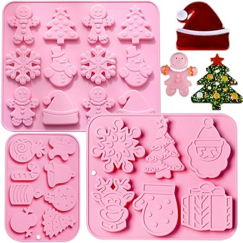 3PCS Christmas Silicone Cookie Molds, Xmas Chocolate Molds Holiday Gummy Candy Butter Mold Wax Melt Mold Christmas Tree Gingerbread Snowman Snowflakes Socks Bells Santa Hat Baking Mold (Xmas-Pink-B) by JHYlilia