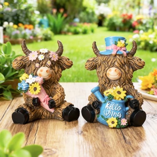 2 Pack Spring Highland Cow Figurine Decor, Spring Table Decor - Image 5