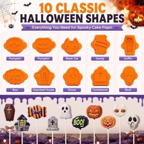 10 Pcs Halloween Cake Pop Molds Set with 100 Sticks - Image 2
