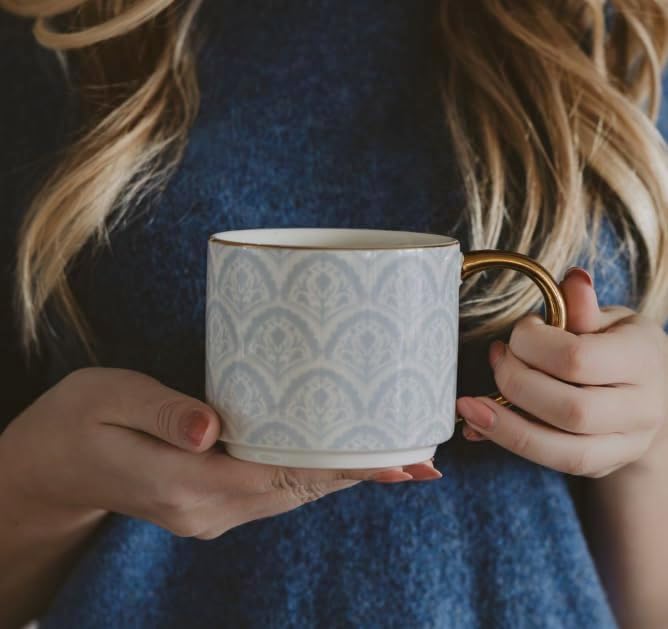 Sweet Water Decor Blue Fan Ceramic Mug with Gold Handle, Large 14oz Fine Bone China Tea Cup, Cute Coffee Mug, Vintage Floral Spring Drinkware, Hostess & Housewarming Gift for Women & Teachers - Image 5