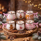 Sawysine 6 Pink Gingerbread Christmas Mugs, 12 oz Ceramic Holiday Cups - Image 2