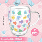 JarThenaAMCS Valentine' s Day Double Wall Glass Coffee Mugs Insulated Glasses 12Oz Candy Conversation Heart Clear Espresso Cups with Handle for Home Holiday Supplies, Set of 2 - Image 2