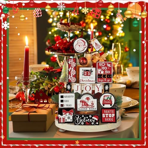 Funnymoom 17 Pcs Christmas Tiered Tray Decor Xmas Winter Tiered Tray Decor - Image 5