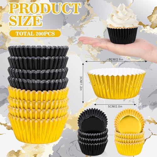 JarThenaAMCS 200Pcs Black Gold Foil Cupcake Liners Graduation Foil Metallic Baking Cups Cupcake Wrappers Muffin Liners for 2026 Class New Year Holiday Party Supplies - Image 2