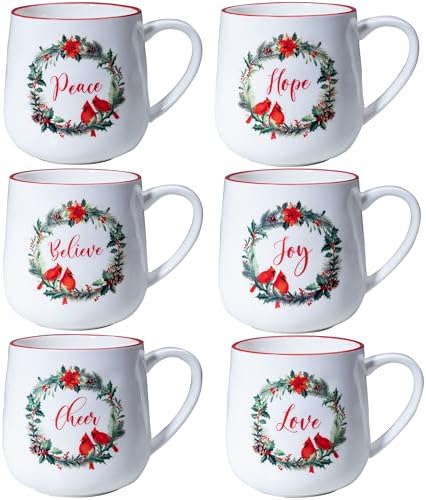 Christmas Ceramic Coffee Mug Set of 6, 16 OZ Holiday Porcelain Mugs, Wreath with Red Cardinal design With words Hope,Peace, Cheer, Joy, Love, Believe Cups for Xmas Gift Party Supplies by ZAROCRUS