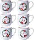 Christmas Ceramic Coffee Mug Set of 6, 16 OZ Holiday Porcelain Mugs, Wreath with Red Cardinal design With words Hope,Peace, Cheer, Joy, Love, Believe Cups for Xmas Gift Party Supplies by ZAROCRUS
