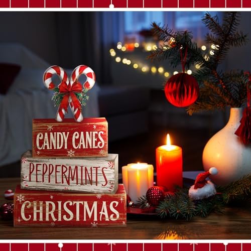 Moucuny 4 Pcs Christmas Candy Cane Table Decor Xmas Wooden Block Signs - Image 6