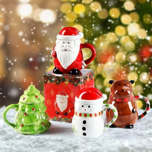 Baderke 4 Set Christmas Mugs with Lid 14 oz Santa Snowman Reindeer Tree by Baderke