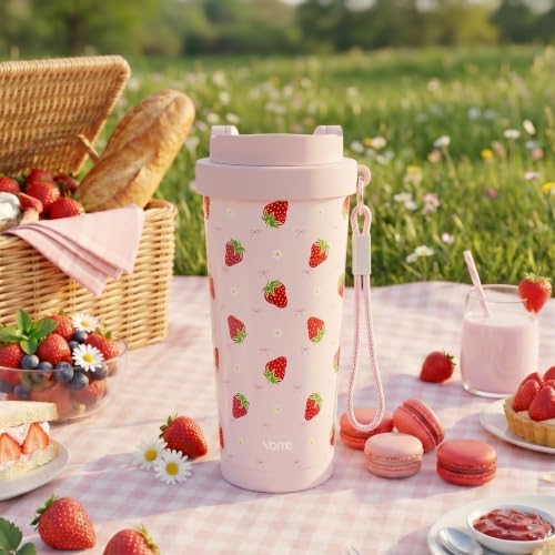 YOME 17oz Strawberry Pink Ceramic Lined Insulated Coffee Mug with Infuser for Women Gift | One-handed Pop Open Lid | Stainless Steel |Keep Drinks Cold and Hot| 100% Leak Proof - Image 2