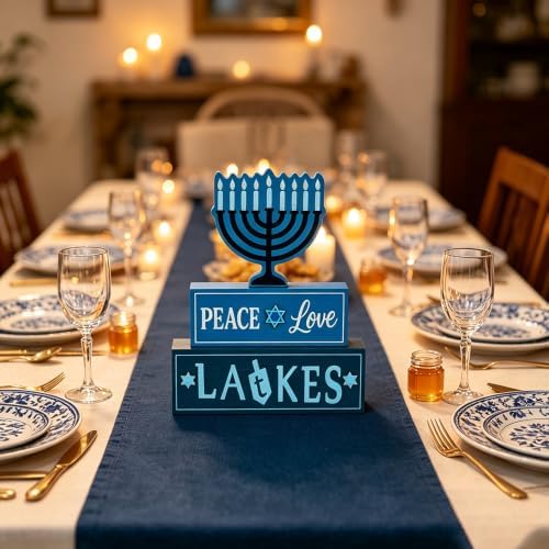 MEETYAMOR Hanukkah Decorations for Home, 3-Layered Wood Block with Dreidel Star of David Menorah Hanukkah Decor, Decorative Blue Jewish Judaism Chanukah Decor for Mantel Tabletop Party - Image 5
